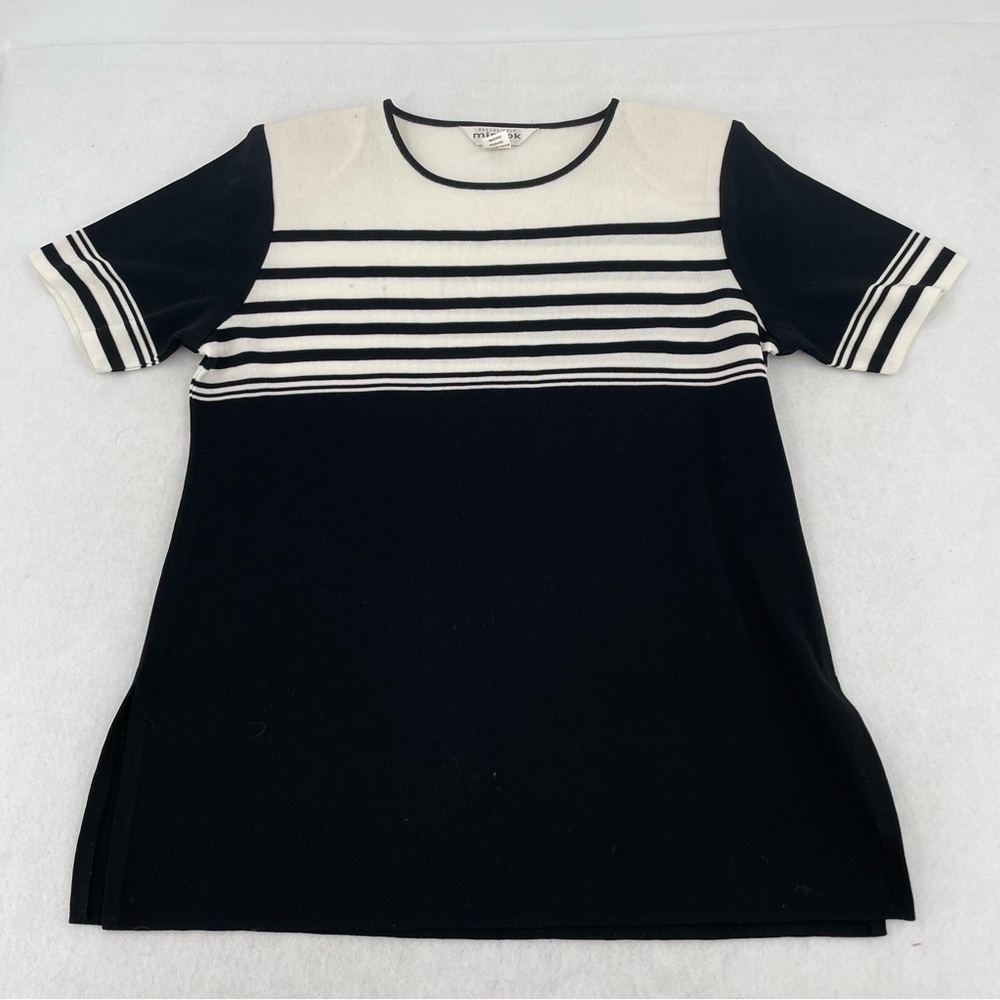 MISOOK Women’s Petite Black/White Striped Sweater blouse short sleeve size Large